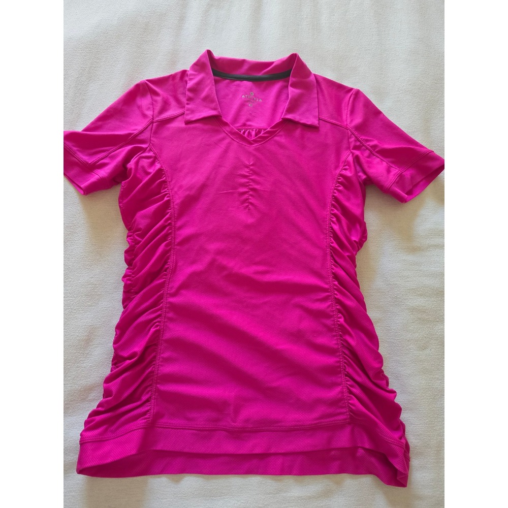 Athleta Womens XS Pink Ruched Side V-Neck Polo Shirt Short Sleeve Active Top